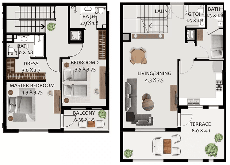 2 Bedrooms Bedroom Floor Plan