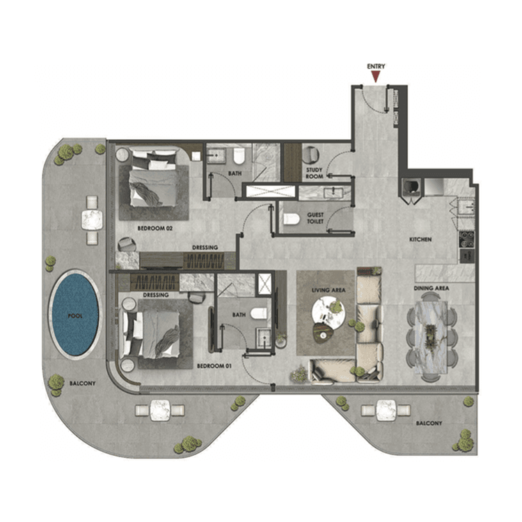 2 Bedrooms Bedroom Floor Plan