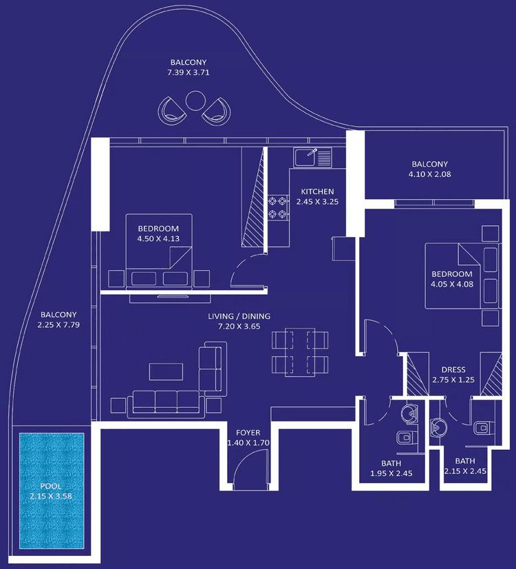 2 Bedrooms Bedroom Floor Plan