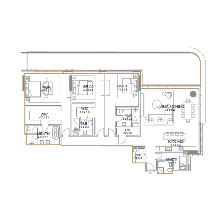 3 Bedrooms Bedroom Floor Plan