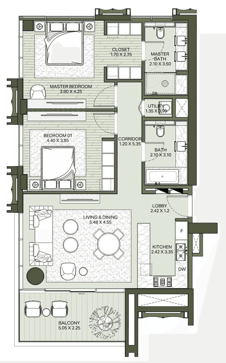 2 Bedrooms Bedroom Floor Plan