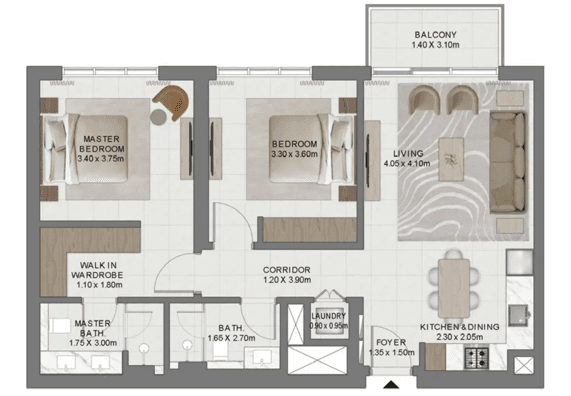 2 Bedrooms Bedroom Floor Plan