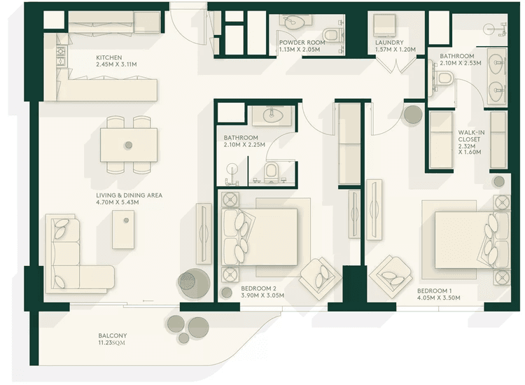 2 Bedrooms Bedroom Floor Plan