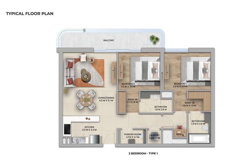 2 Bedrooms Bedroom Floor Plan