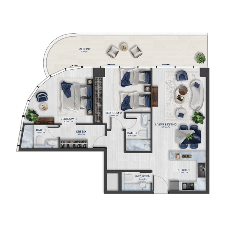 2 Bedrooms Bedroom Floor Plan