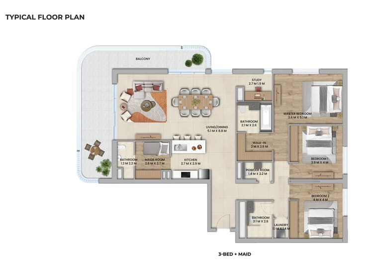 3 Bedrooms Bedroom Floor Plan