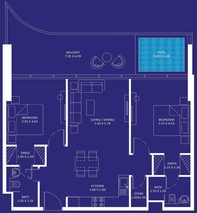 2 Bedrooms Bedroom Floor Plan