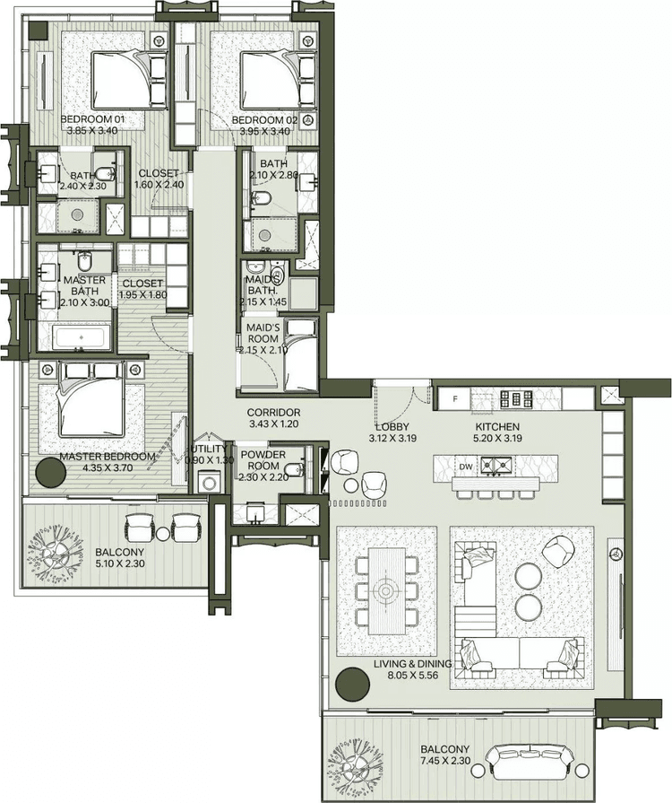 3 Bedrooms Bedroom Floor Plan