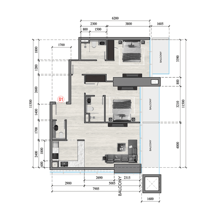 2 Bedrooms Bedroom Floor Plan