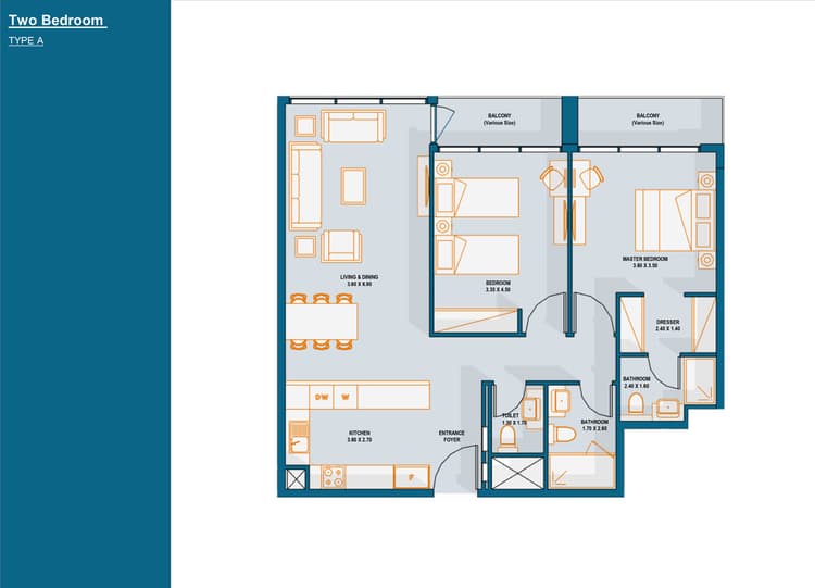 2 Bedrooms Bedroom Floor Plan