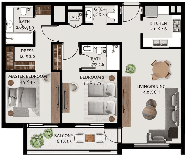 2 Bedrooms Bedroom Floor Plan