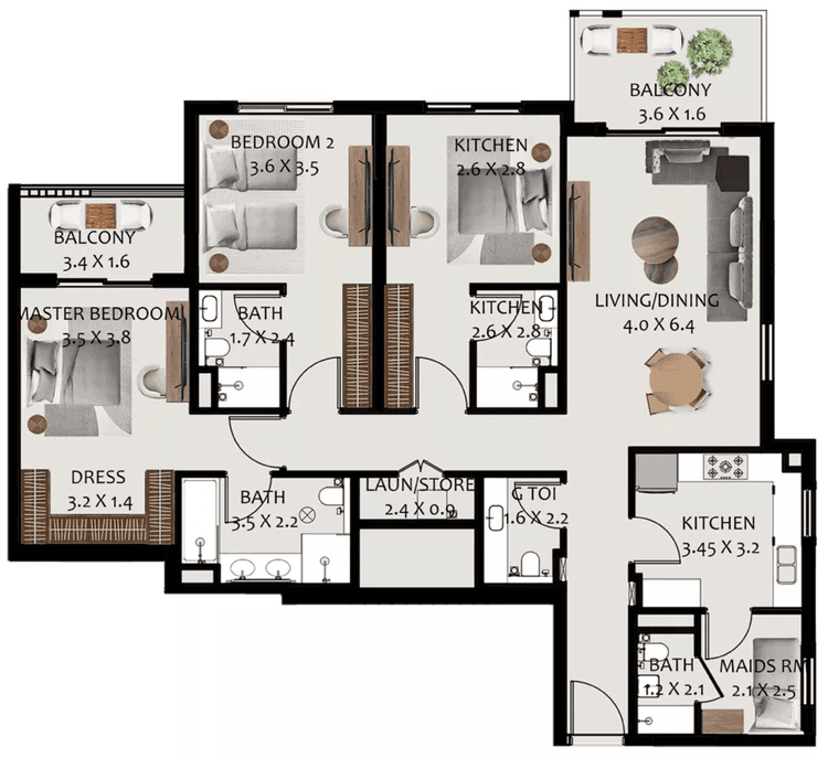 3 Bedrooms Bedroom Floor Plan
