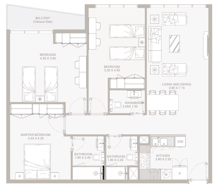 3 Bedrooms Bedroom Floor Plan