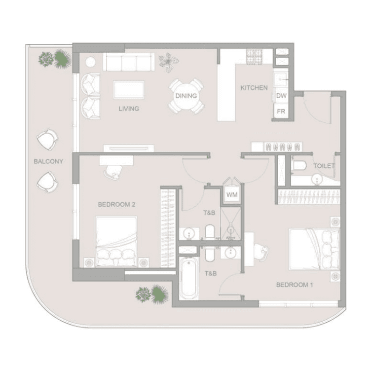 2 Bedrooms Bedroom Floor Plan