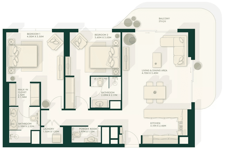 2 Bedrooms Bedroom Floor Plan
