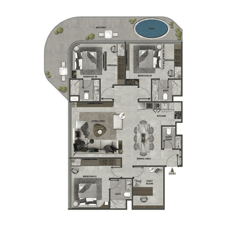 3 Bedrooms Bedroom Floor Plan