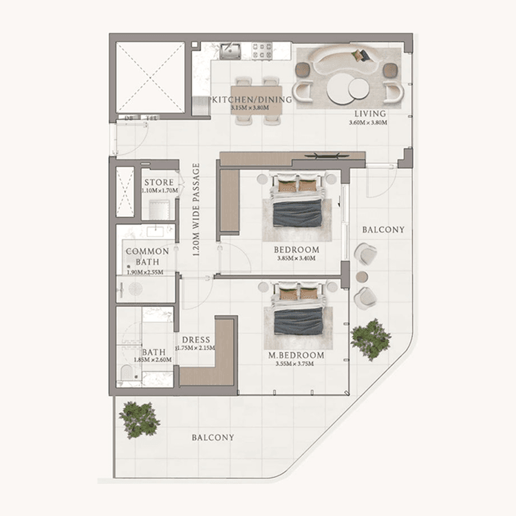 2 Bedrooms Bedroom Floor Plan
