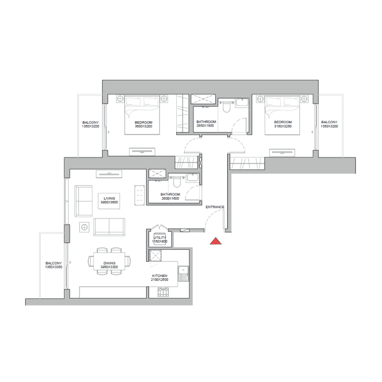 2 Bedrooms Bedroom Floor Plan