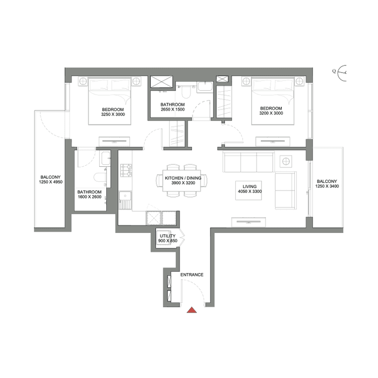 2 Bedrooms Bedroom Floor Plan